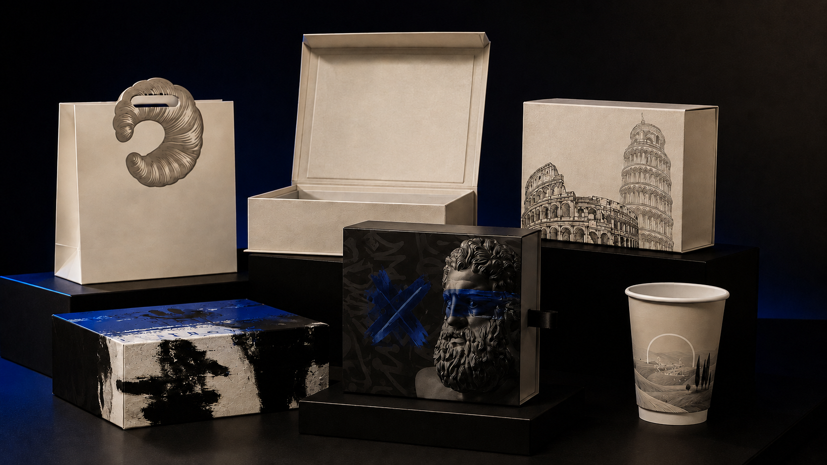 A brand-neutral packaging system in charcoal, ivory and cobalt blue